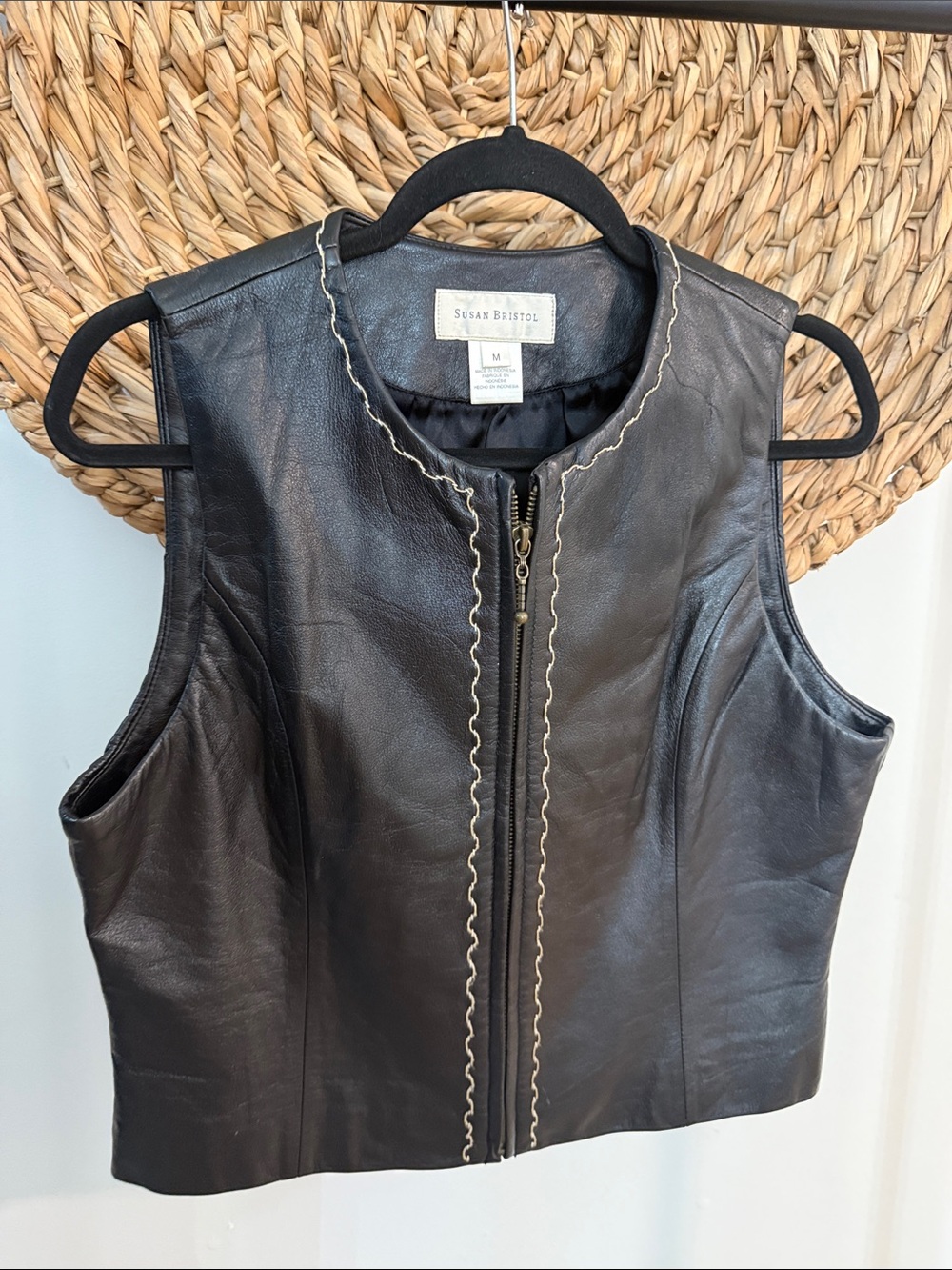Susan Bristol Genuine Leather Cropped Vest Black Size M Contrast Stitching